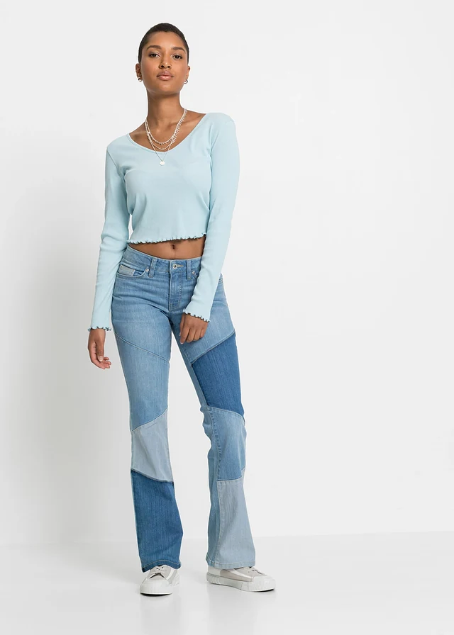 Flared jeans met patchwork, Kleur: lichtblauw denim-blue stone-donkerblauw denim