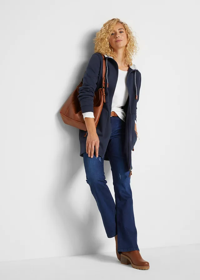 Long gilet en molleton à capuche, Couleur: bleu foncé