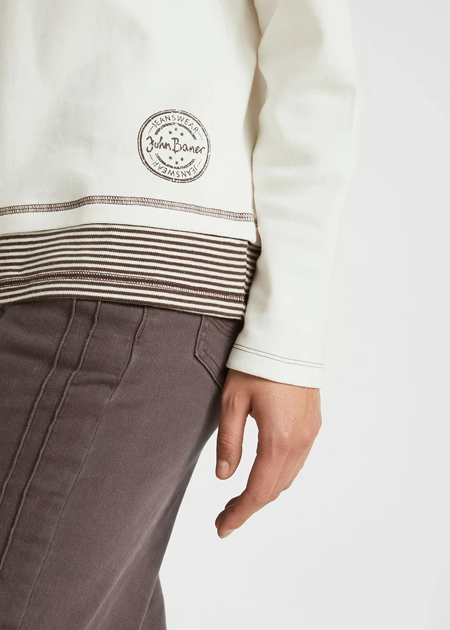 Katoenen longsleeve, 2-in-1-look • wolwit-donkerbruin gestreept • product-page.page-title-suffix