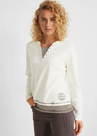 Katoenen longsleeve, 2-in-1-look • wolwit-donkerbruin gestreept • bonprix online shop