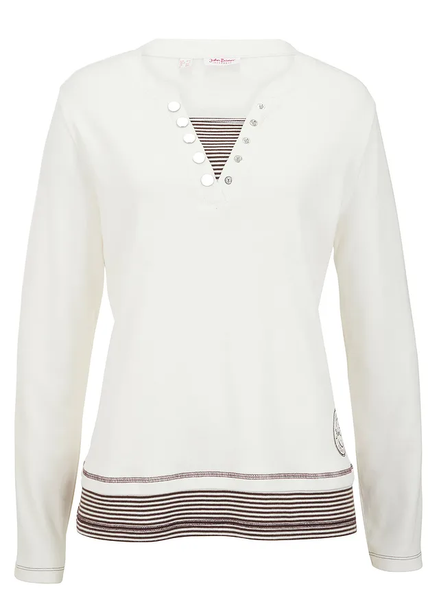 T-shirt coton manches longues style 2en1 • écru-marron foncé rayé • Boutique bonprix