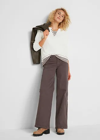 T-shirt coton manches longues style 2en1 • écru-marron foncé rayé • Boutique bonprix