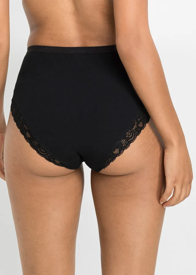 Lot de 4 slips maxi coton et dentelle, Couleur: noir