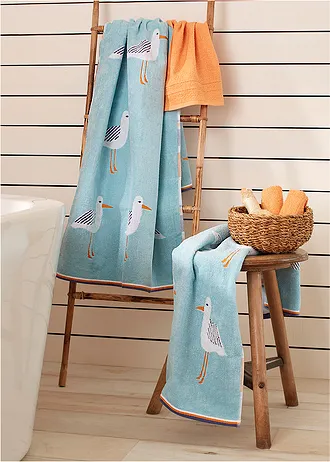 Serviette de toilette pur coton motif mouettes • bleu • Boutique bonprix