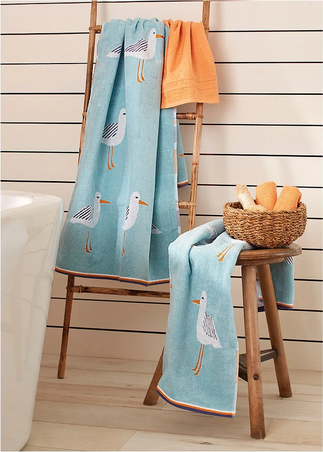 Serviette de toilette pur coton motif mouettes, Couleur: bleu