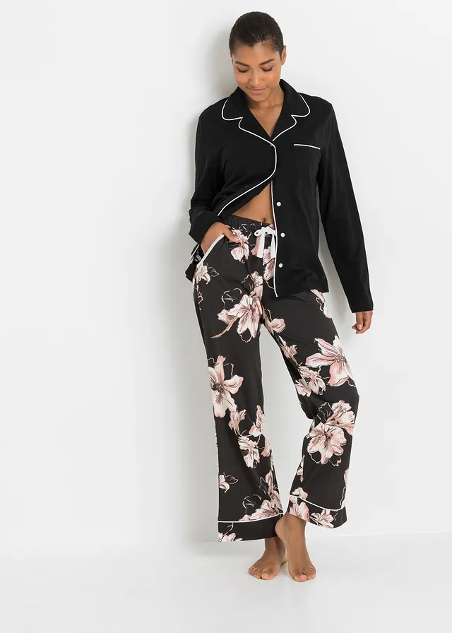 Pyjama met knoopsluiting, Kleur: zwart gebloemd