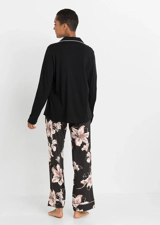 Pyjama met knoopsluiting, Kleur: zwart gebloemd