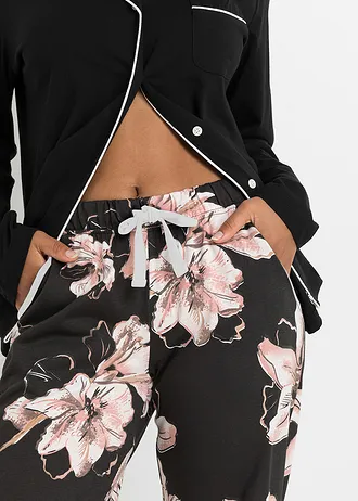 Pijama cu bandă de nasturi • negru floral • magazin bonprix