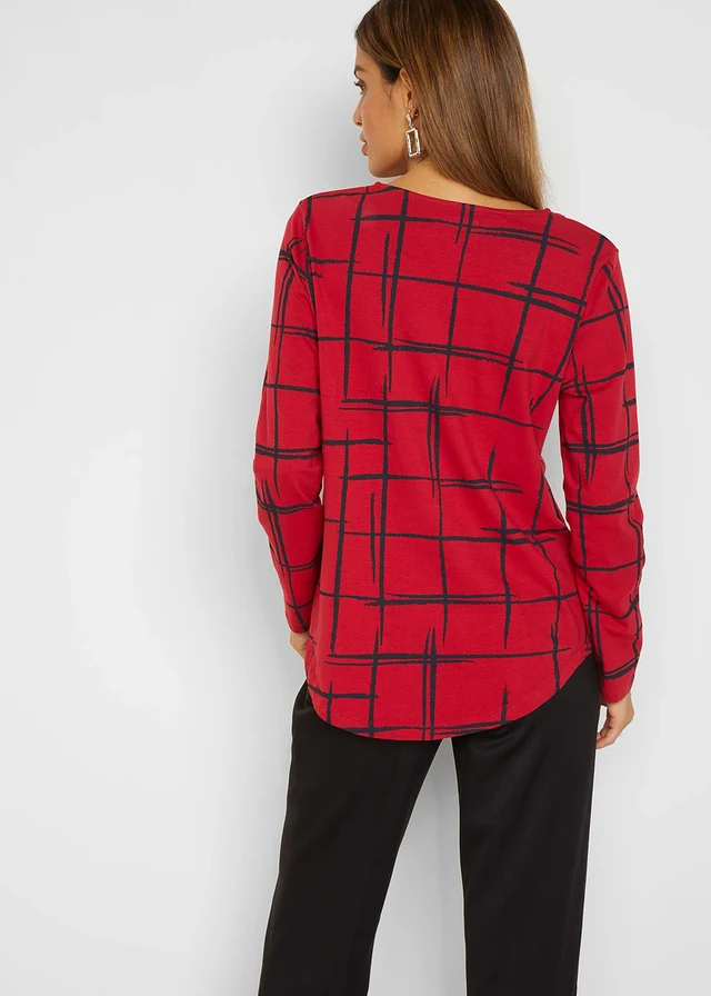 T-shirt long , Couleur: rouge foncé/noir