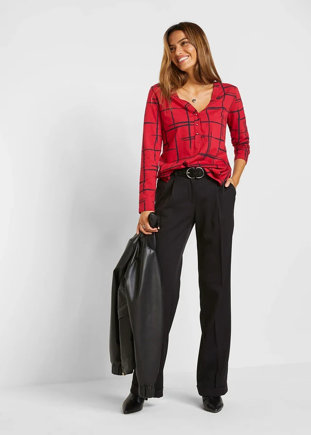 T-shirt long , Couleur: rouge foncé/noir