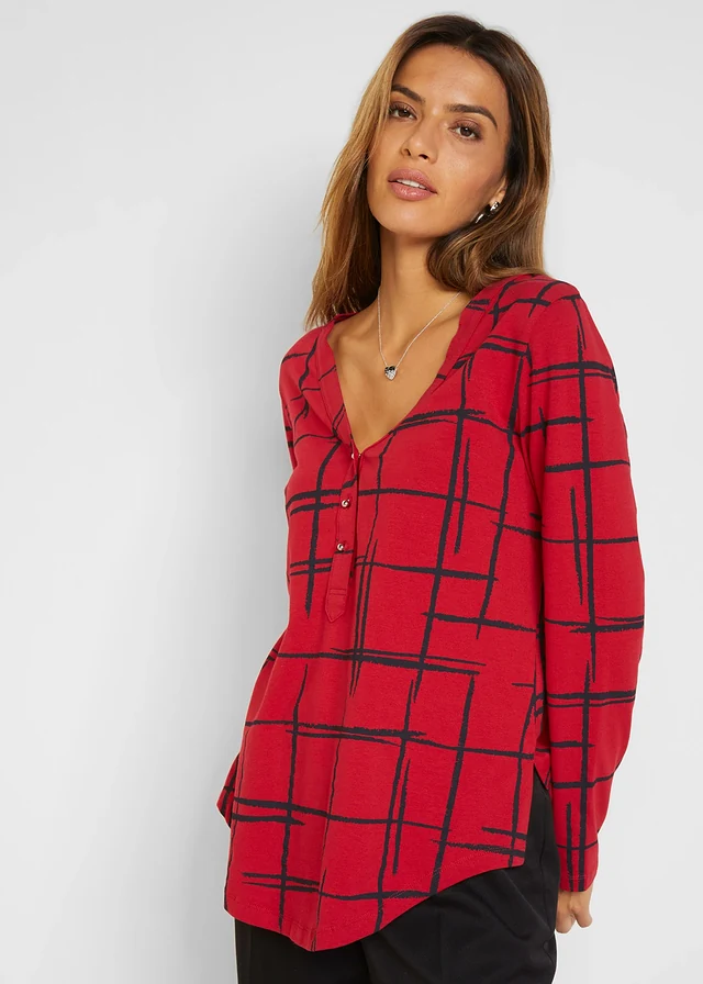 T-shirt long , Couleur: rouge foncé/noir