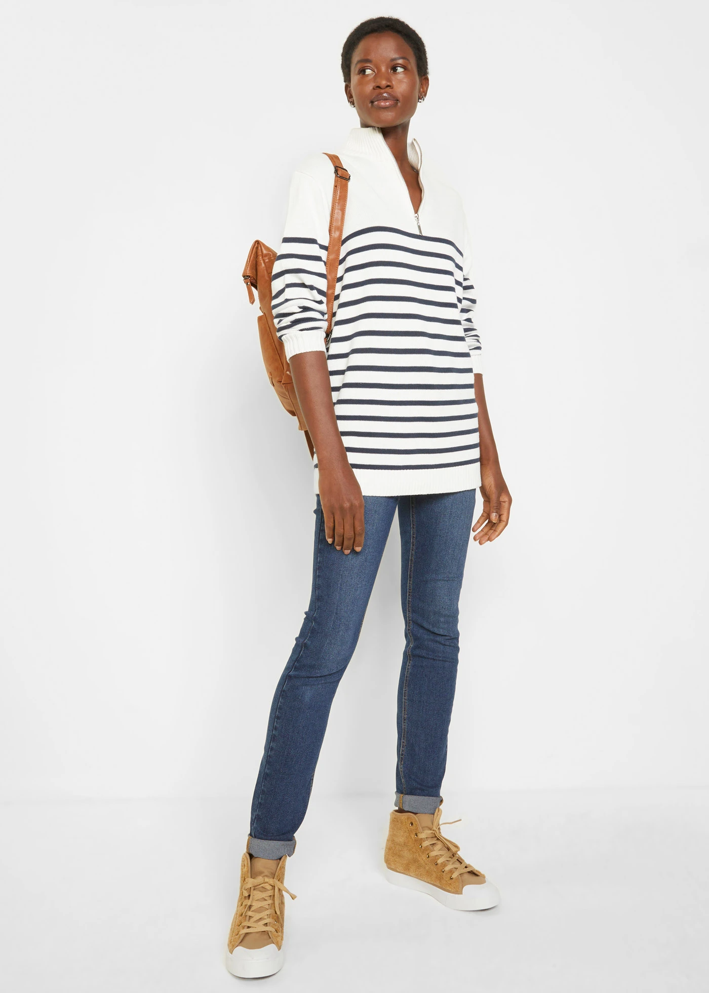 Svetr s límečkem na zip • přírodní bílo-tmavě modrá s proužky • bonprix obchod