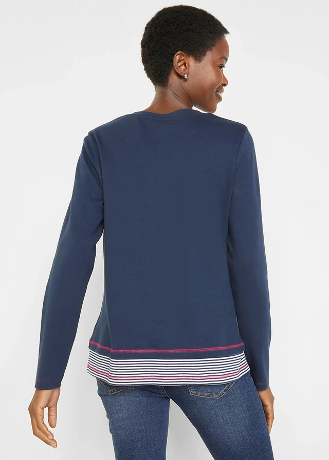 T-shirt coton manches longues style 2en1 • bleu foncé-fuchsia-blanc rayé • product-page.page-title-suffix