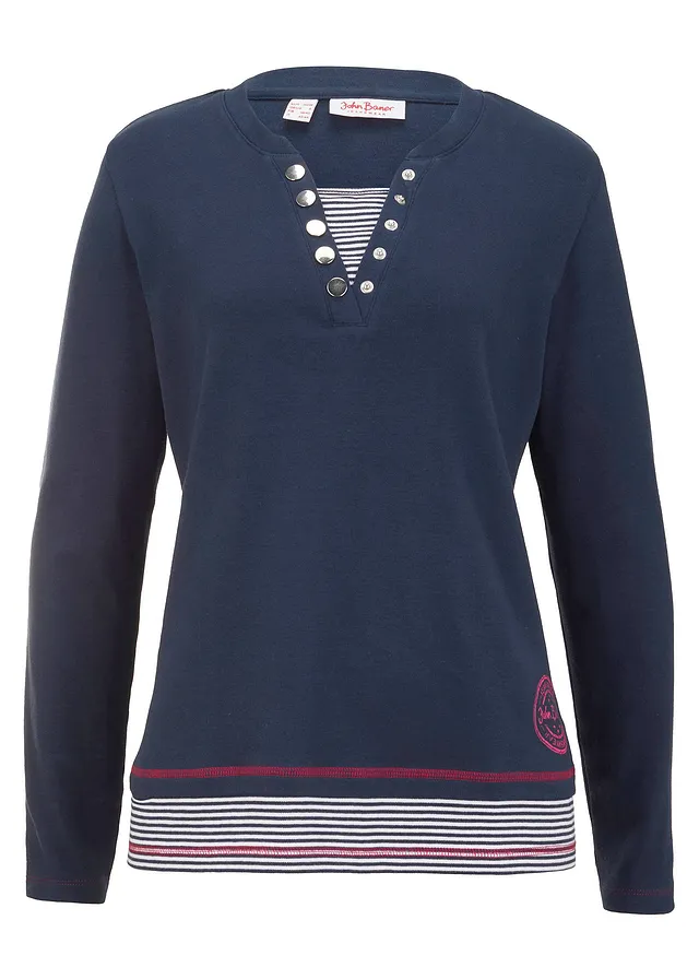 T-shirt coton manches longues style 2en1 • bleu foncé/fuchsia/blanc rayé • Boutique bonprix