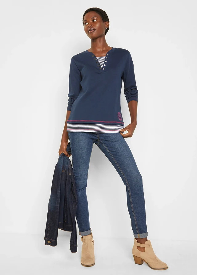 T-shirt coton manches longues style 2en1, Couleur: bleu foncé-fuchsia-blanc rayé