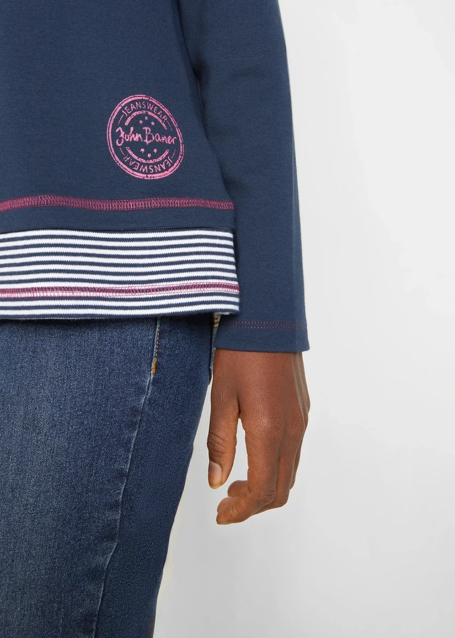 T-shirt coton manches longues style 2en1 • bleu foncé-fuchsia-blanc rayé • product-page.page-title-suffix