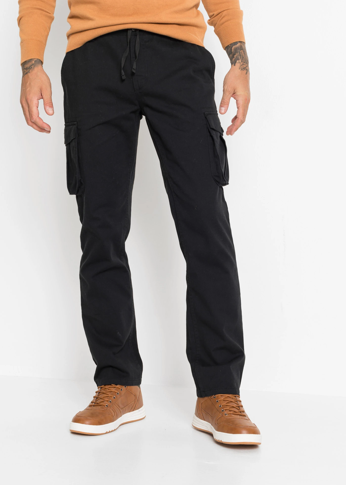 Pantalon droit cargo, regular, à taille élastiquée • noir • Boutique bonprix