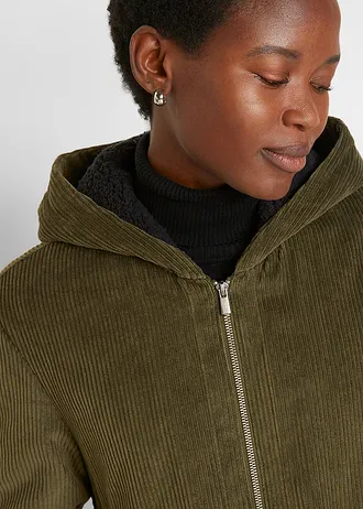 Lange corduroy jas van puur katoen met teddy fleece capuchon • olijfgroen • bonprix online shop