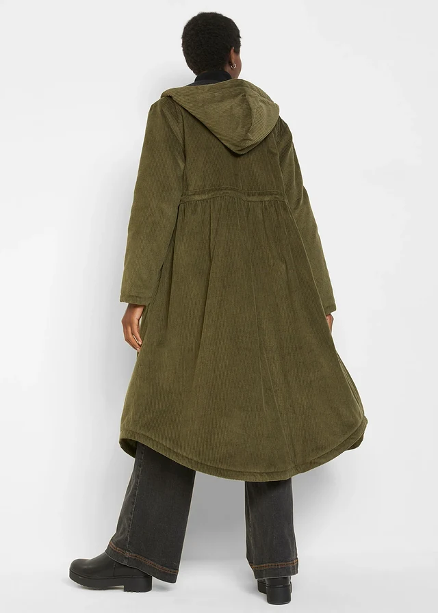 Manteau en velours côtelé 100% coton avec capuche doublée sherpa, Couleur: olive