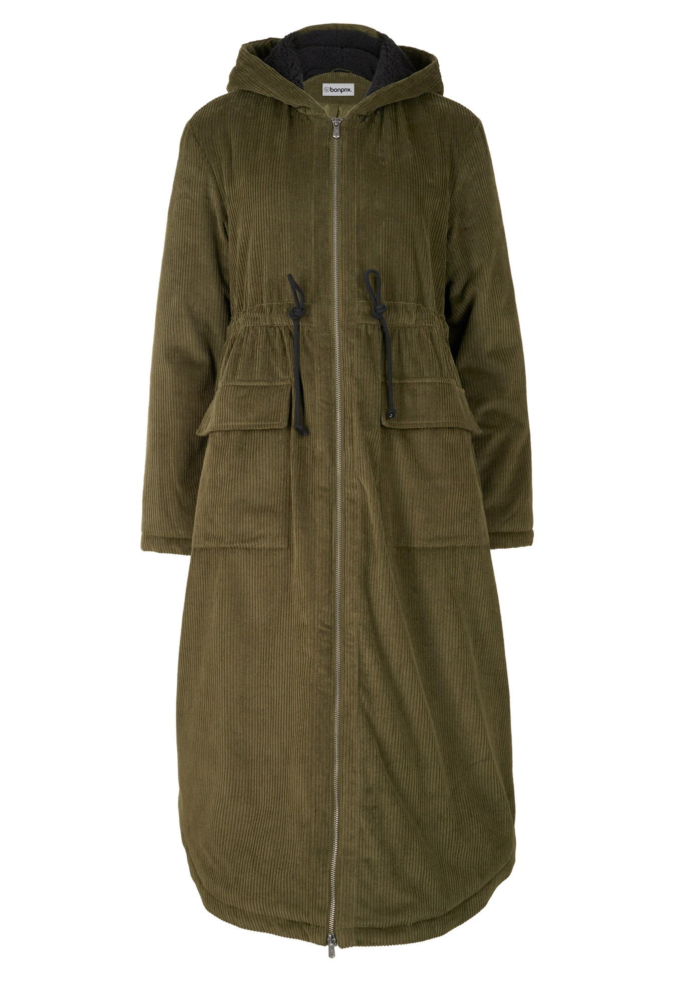 Lange corduroy jas van puur katoen met teddy fleece capuchon • olijfgroen • bonprix online shop