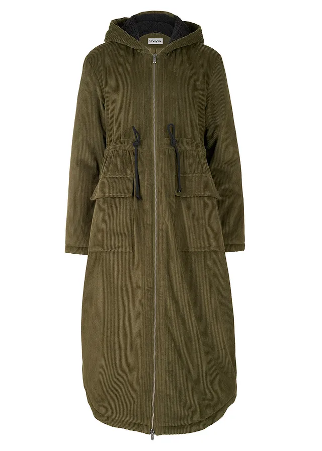 Manteau en velours côtelé 100% coton avec capuche doublée sherpa, Couleur: olive