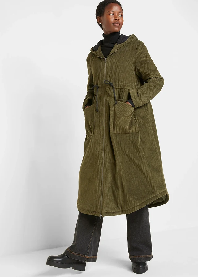 Manteau en velours côtelé 100% coton avec capuche doublée sherpa, Couleur: olive