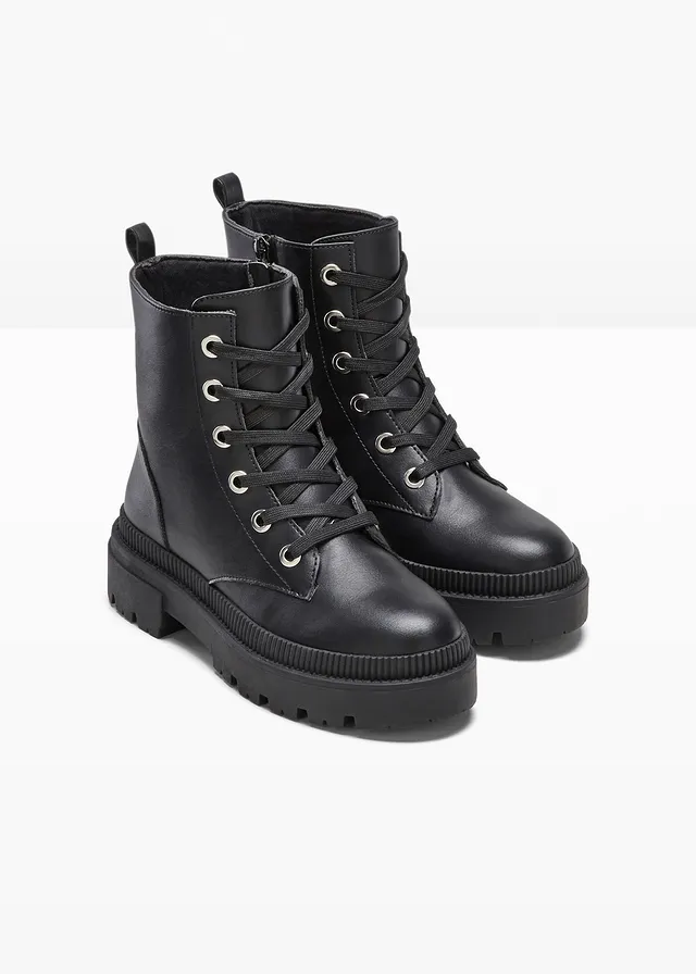 Boots lacées à semelle crantée, Couleur: noir
