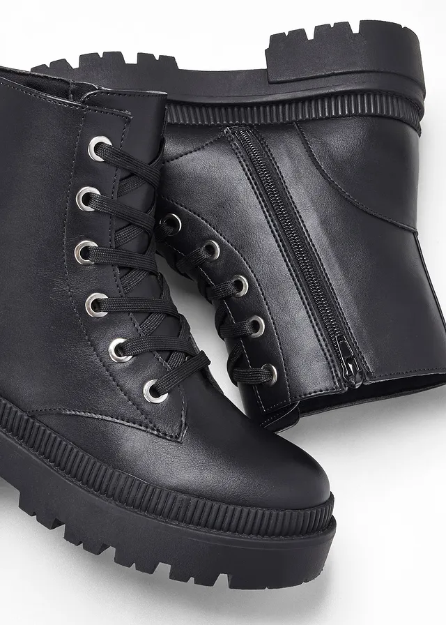 Boots lacées à semelle crantée, Couleur: noir