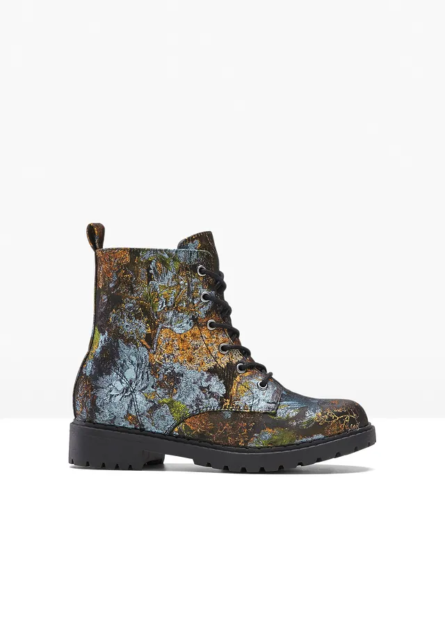 Boots à lacets à motif floral, Couleur: vert floral
