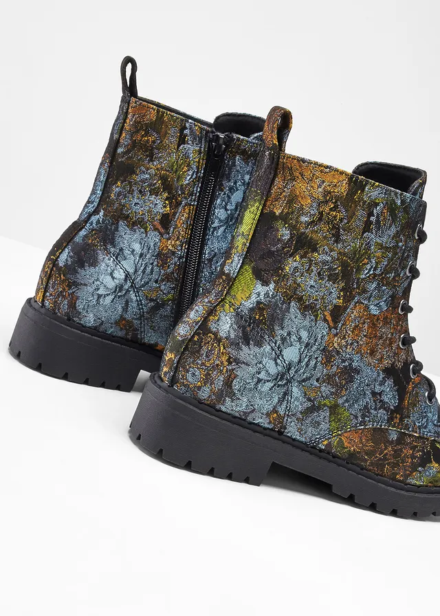 Boots à lacets à motif floral, Couleur: vert floral
