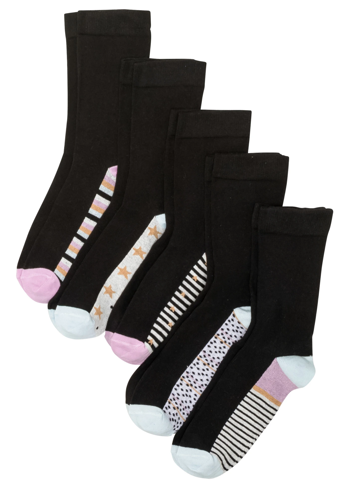 Lot de 5 paires de chaussettes bord non comprimant avec coton • noir imprimé • Boutique bonprix