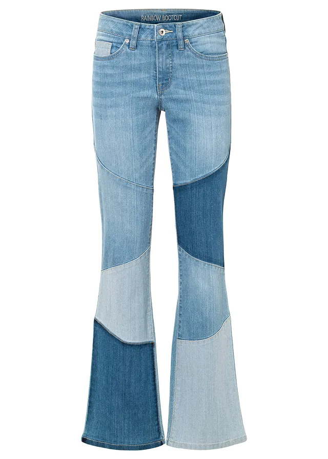 Flared jeans met patchwork, Kleur: lichtblauw denim-blue stone-donkerblauw denim