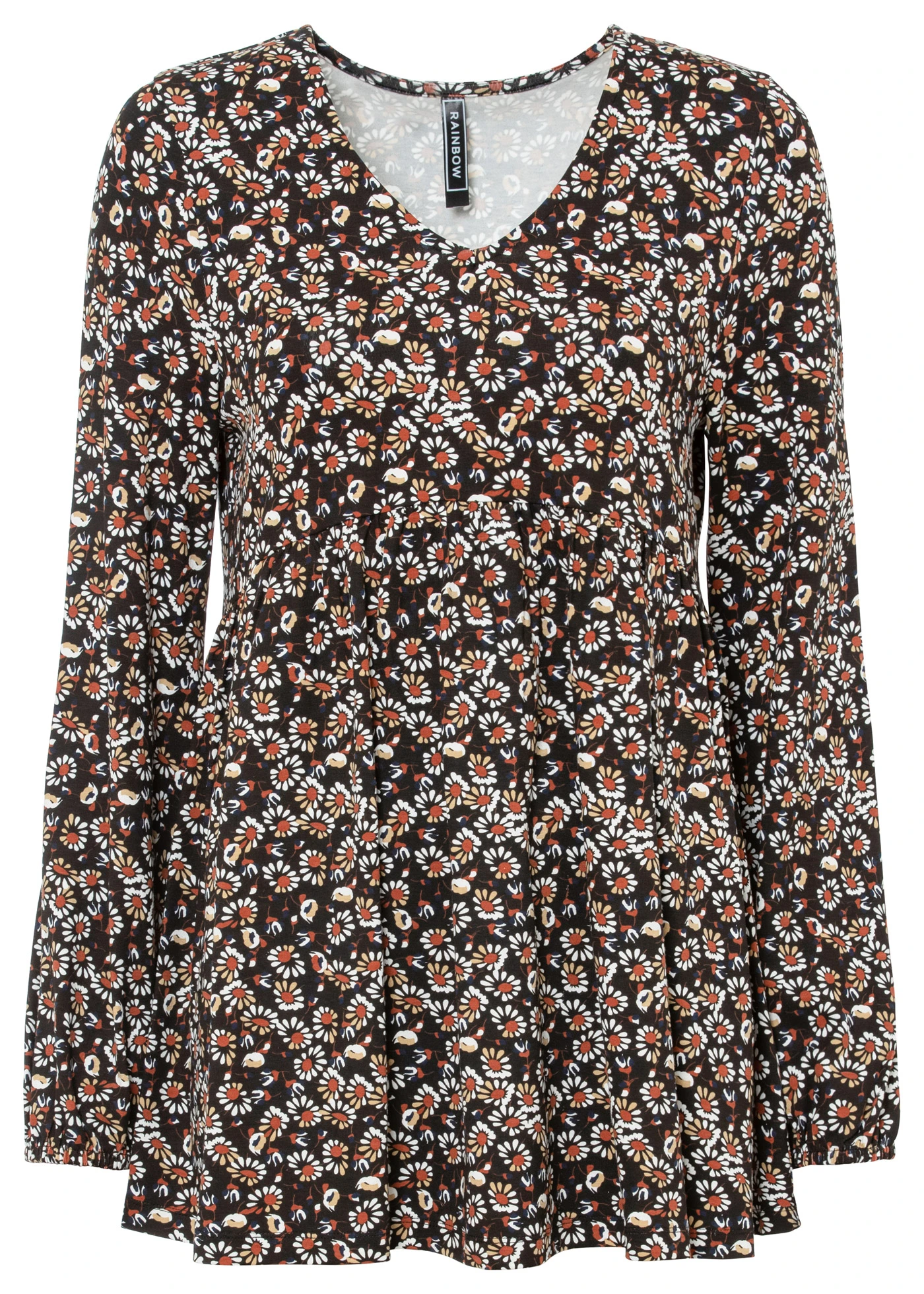 Úpletová halenka z udržitelné viskózy • černo-rezavě hnědo-tmavě modro-přírodní bílá s potiskem • bonprix obchod