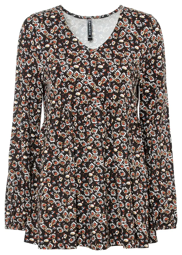 Úpletová halenka z udržitelné viskózy • černo-rezavě hnědo-tmavě modro-přírodní bílá s potiskem • bonprix obchod