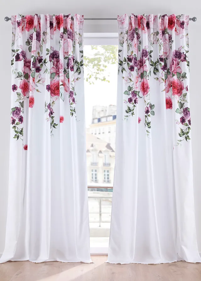 Rideau en microfibre facile d’entretien (2 pces), Couleur: prune-blanc-violet à fleurs