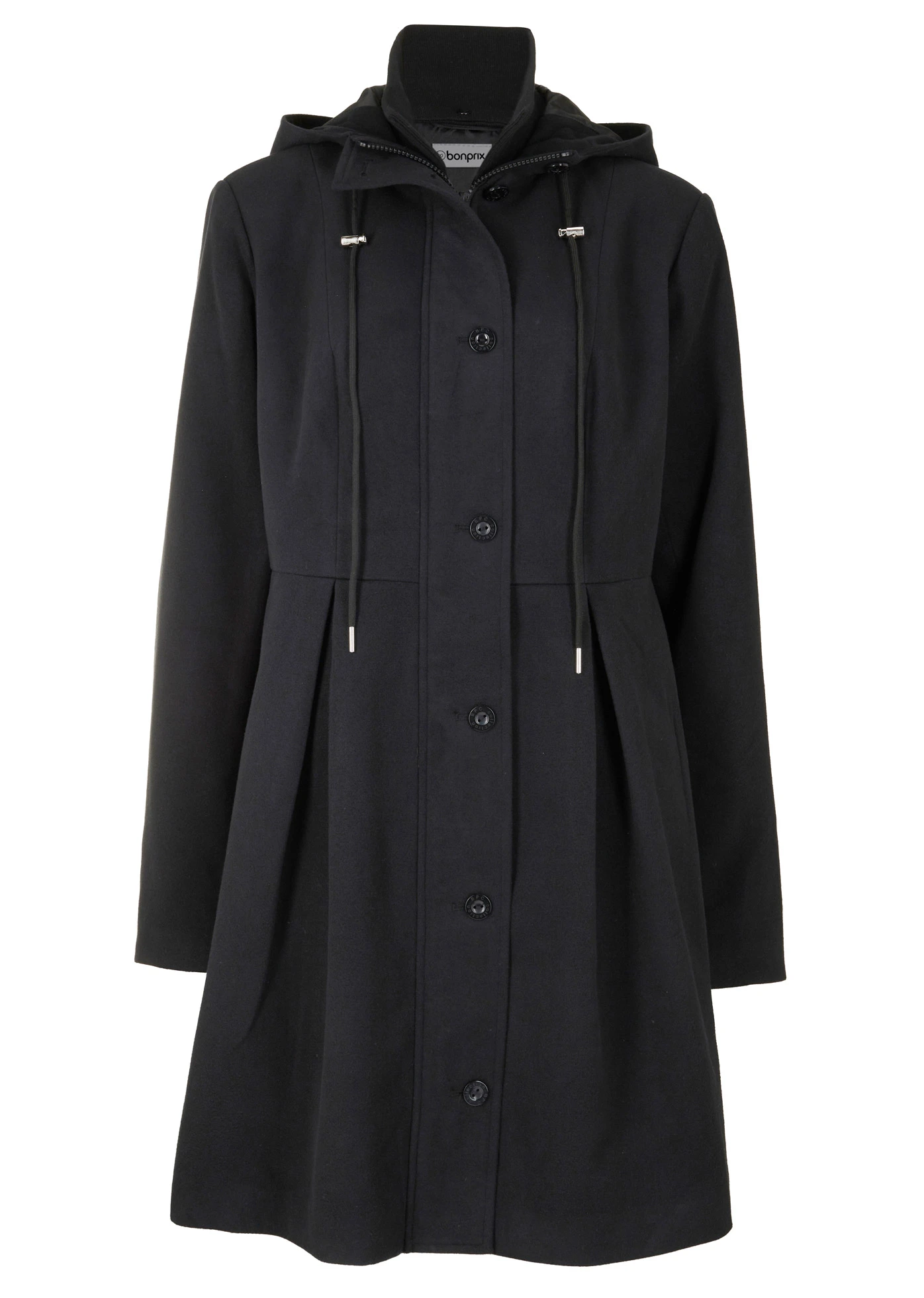 Lange jas met capuchon en stolpplooien • zwart • bonprix online shop
