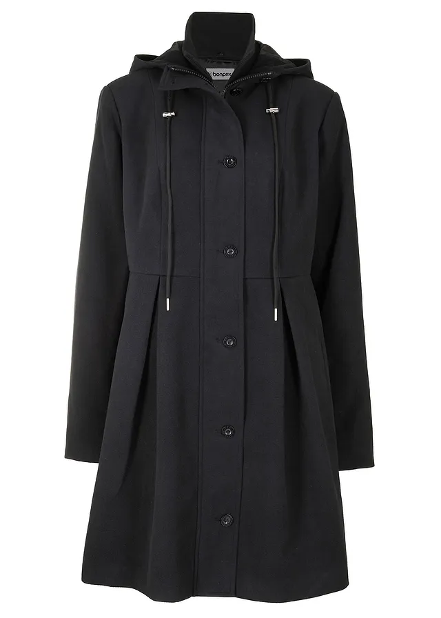 Płaszcz z kapturem i zakładkami • czarny • sklep bonprix