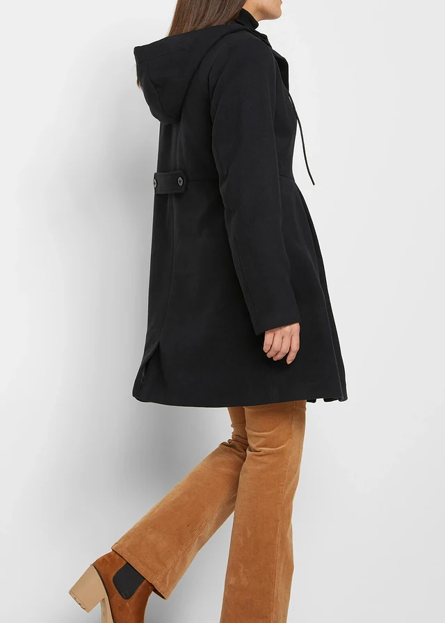 Lange jas met capuchon en stolpplooien • zwart • product-page.page-title-suffix