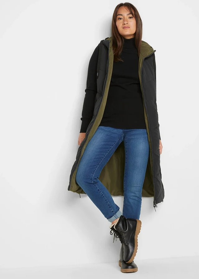 Gilet sans manches matelassé réversible en polyester recyclé avec capuche, Couleur: noir/olive foncé