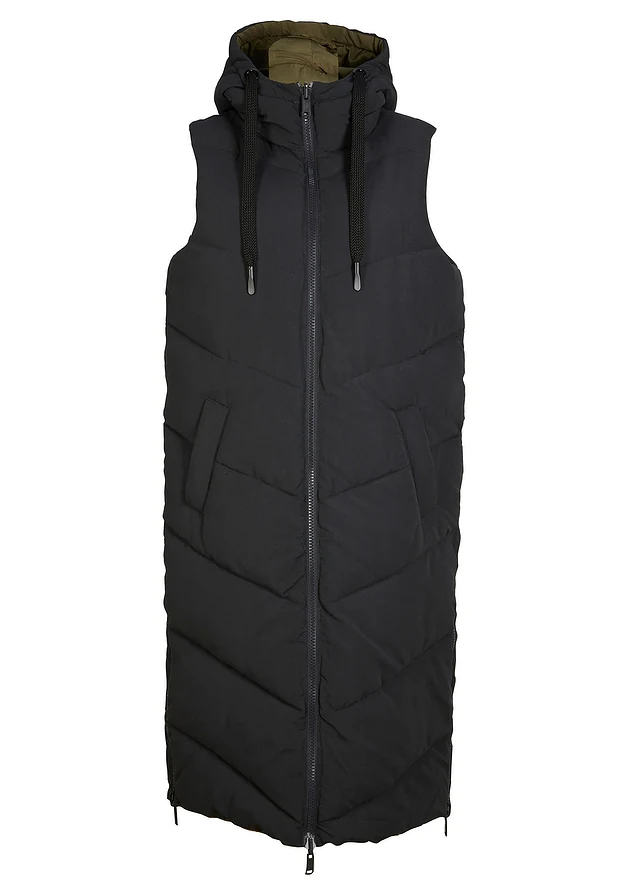 Reversibel bodywarmer van gerecycled polyester met capuchon, Kleur: zwart/donkerolijfgroen