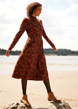 Žerzejové šaty z bavlny • tmavě hnědá s květy • bonprix obchod