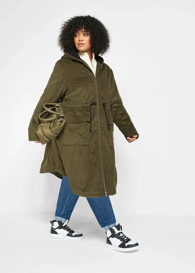 Lange corduroy jas van puur katoen met teddy fleece capuchon, Kleur: olijfgroen