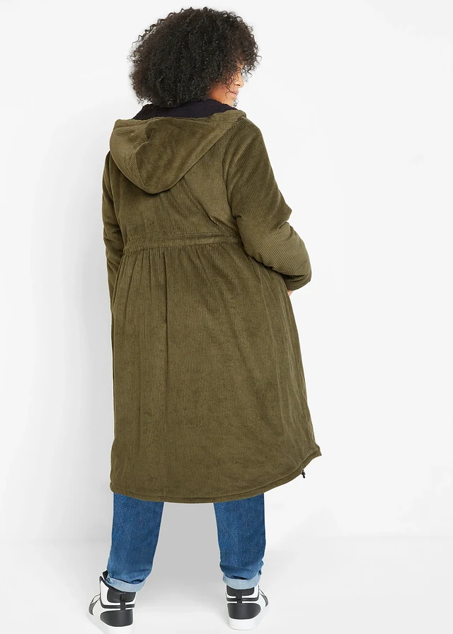 Lange corduroy jas van puur katoen met teddy fleece capuchon, Kleur: olijfgroen