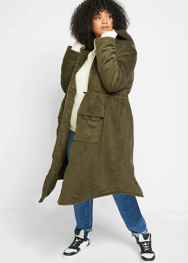 Lange corduroy jas van puur katoen met teddy fleece capuchon, Kleur: olijfgroen