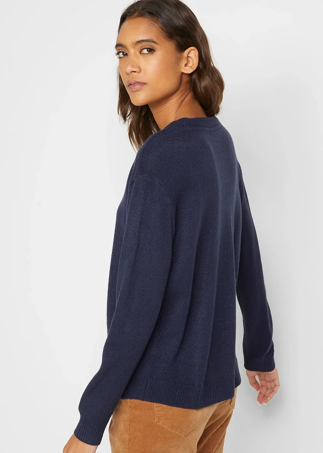 Gebreide trui met ronde hals, Kleur: donkerblauw