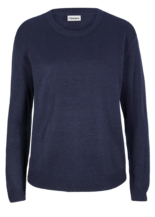 Gebreide trui met ronde hals, Kleur: donkerblauw
