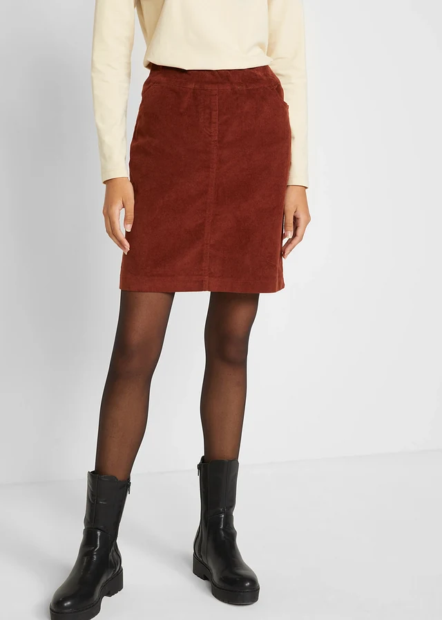 Stretch corduroy rok met een comfortabele band, Kleur: mahoniebruin