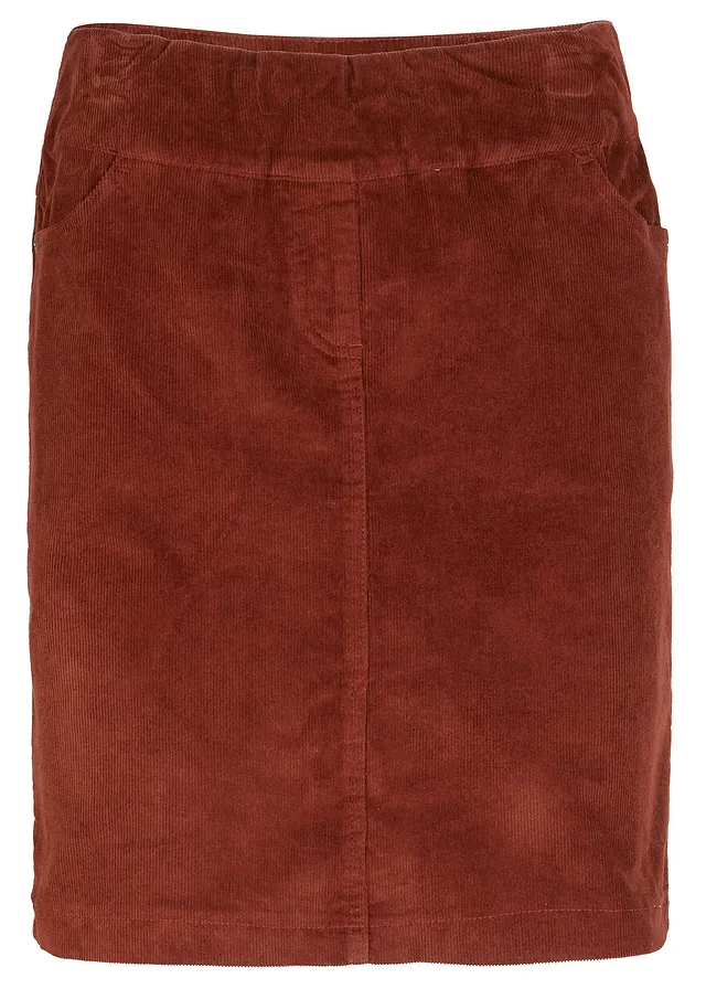 Jupe en velours côtelé extensible à ceinture élastiquée, Couleur: marron acajou