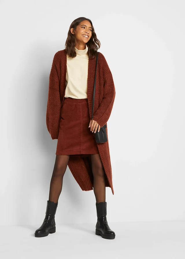 Jupe en velours côtelé extensible à ceinture élastiquée, Couleur: marron acajou