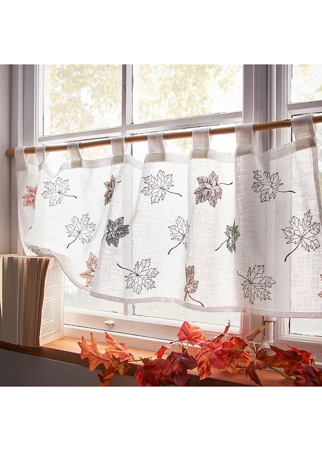 Brise-bise à feuilles brodées, Couleur: blanc-marron-vert